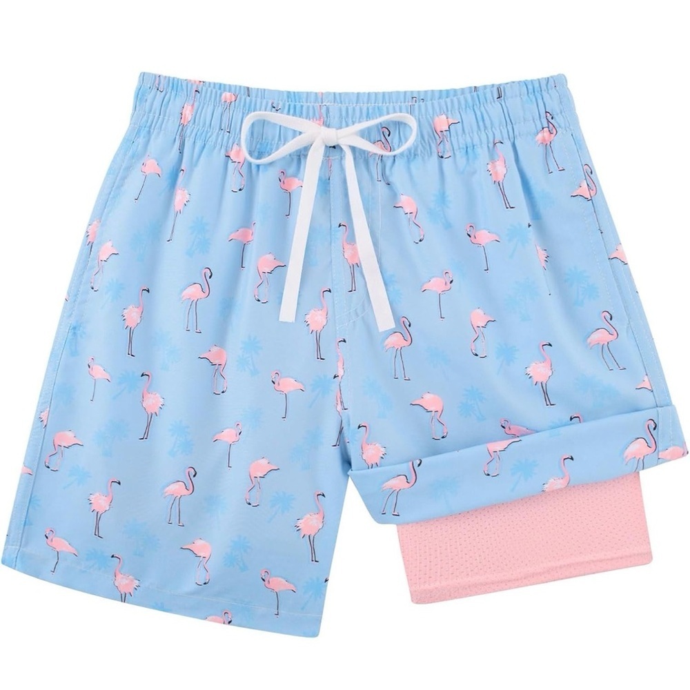 Blue Flamingo Print Swim Trunks with Pink Liner
